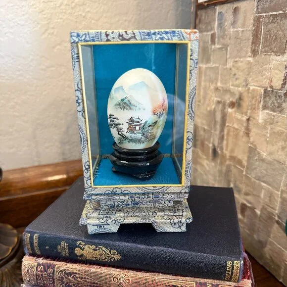 Vintage Oriental Hand Painted Egg in Glass Case - Picture 3 of 16
